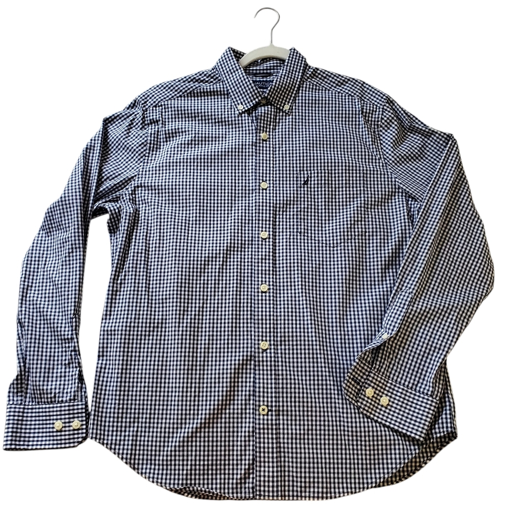 Nautica Navy White Gingham Medium Mens Longsleeve Button Down Casual Shirt